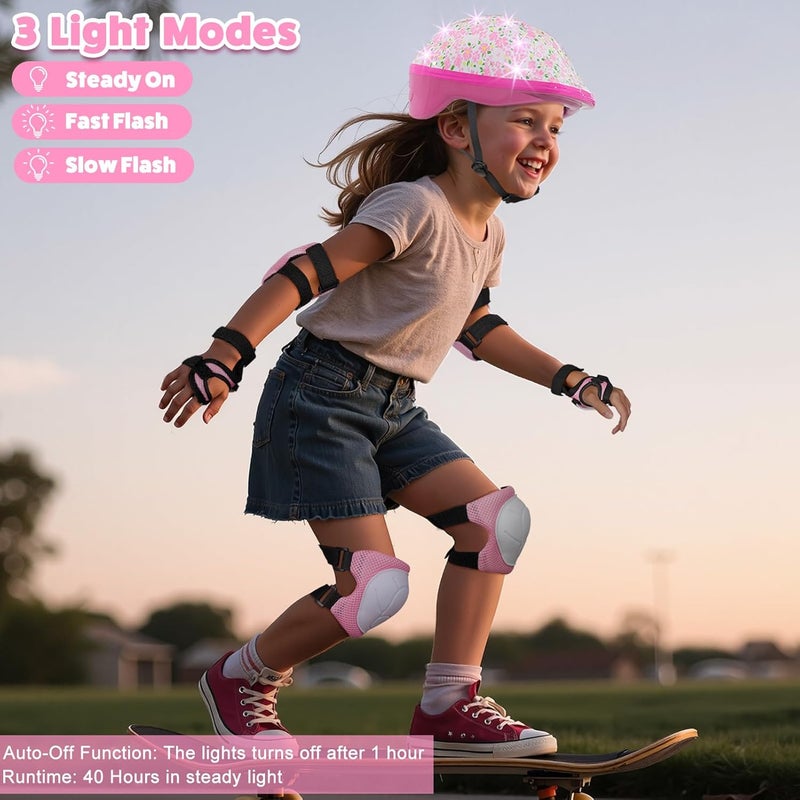 EllaSeek خوذة للأطفال، خوذة أطفال مع أضواء LED، خوذات دراجات مع مجموعة واقيات ركب وأكواع للأطفال من 3-5-8 سنوات للفتيات، خوذات دراجات، سكوتر، لوح تزلج - Image 2